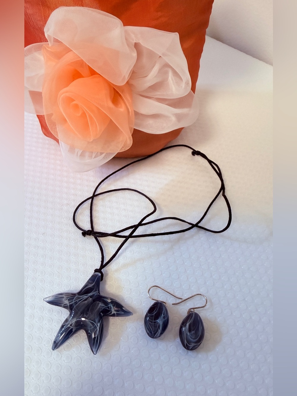 Unique Blue Starfish Pendant (two sides) & Matching Earrings Set